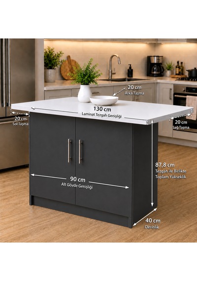 Tork Mutfak 2 Kapaklı Mutfak Adası-alt Modül 130 Cm - Çok Amaçlı Dolap -beyaz Laminat Tezgah Dahil Antrasit Tork Mutfak 2 Kapaklı Mutfak Adası-alt Modül 130 Cm - Çok Amaçlı Dolap -beyaz Laminat Tezgah Dahil Antrasit