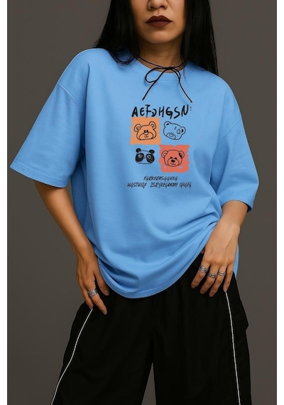 Ayıcık Baskılı Unisex Oversize Tişört Bebe Mavisi