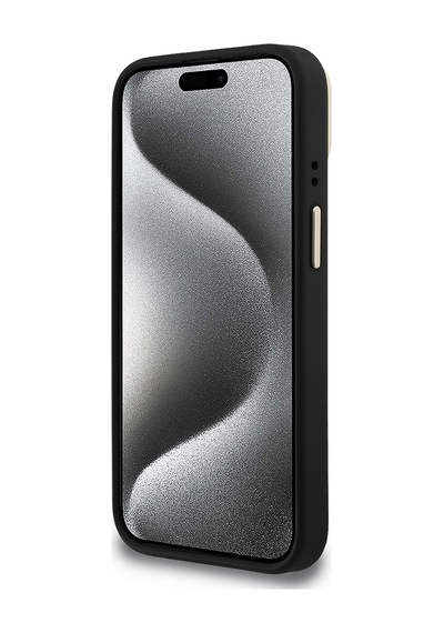 Apple Uyumlu iPhone 15 Kılıf Guess Lisanslı Metal 4g Ve Yazı Logolu Kamera Standlı Kapak Siyah