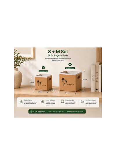 S+m 2li Jüt Saklama Kutusu Seti 20x20x20 Ve 25x25x25 Cm Dolap İçi Raf Düzenleyici Organizer Sepet Doğal