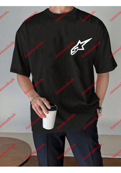 Startmore Y2k Starz Baskılı Oversize Unisex Kısa Kollu Bisiklet Yaka T-shirt Siyah