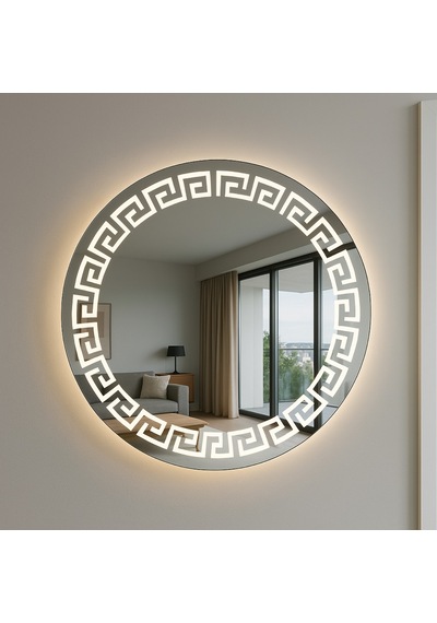 Dokunmatik Dimmer Özellikli Geometrik Desenli Led Işıklı Yuvarlak Ayna 100 Cm 70 Cm Çap Açık Gri