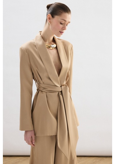 Sateen Kuşaklı Saten Ceket - Camel-137008 CAMEL