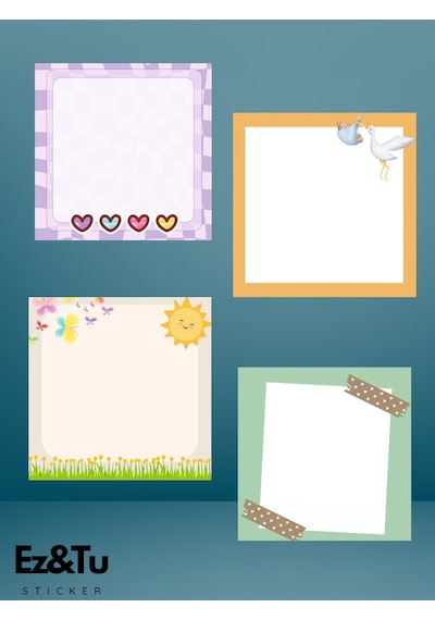 8x8 Desenli 4 Lü Set Memopad Bloknot Planlayıcı Sevimli Güneş Mor Kalp Leylekli Çok Renkli