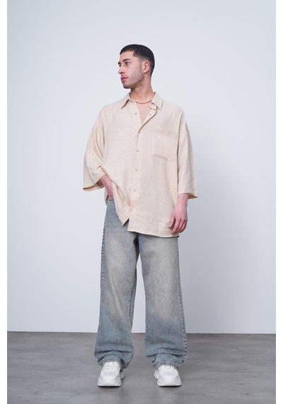 Krem Basic Yarım Kollu 1b Ch Oversize Gömlek Krem