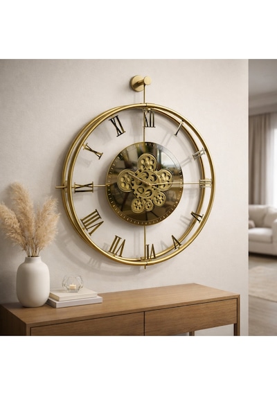 Metaquartz Aksesuar Dönence Gold Roma Rakamlı , Modern Dekoratif Metal Duvar Saati Gold