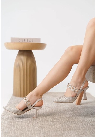 Feles Zımba Detaylı Topuklu Arkası Açık Kadın Stiletto Ayakkabı Bej