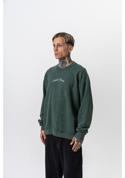 Respire Erkek Divided Baskılı Yıkamalı Bisiklet Yaka Oversize Sweatshirt Yeşil