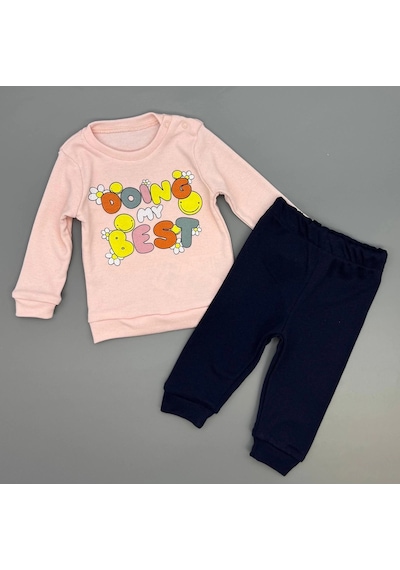 Poppy Trend Kız Bebek Baskılı Çıt Çıtlı Alt Üst İkili Gündelik Takım Pudra