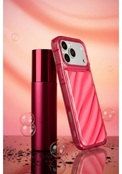 Apple Uyumlu iPhone 17 Pro Max Telefon Kılıfı Kamera Çıkıntılı Kabartmalı Parlak Desenli Darbe Emici Silikon Kılıf Pembe