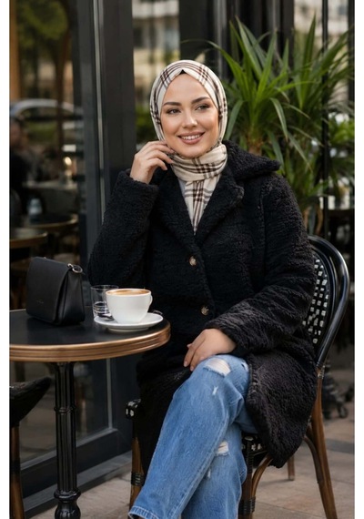 Hb Harma Time Butik Kadın Astarlı Düğmeli Kruvaze Siyah Peluş Kaban Siyah Siyah