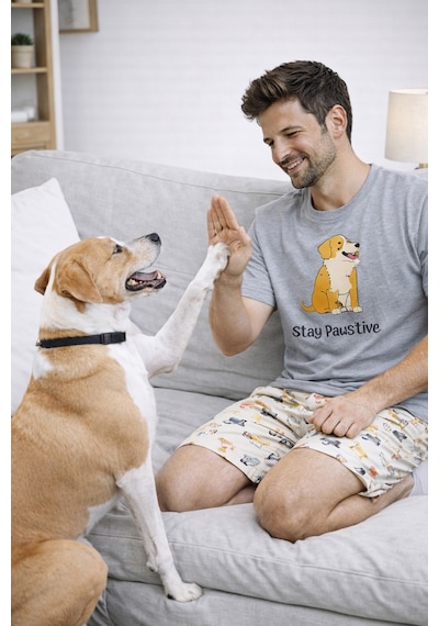 Erkek Pamuklu Köpek Desenli Eğlenceli Cepli Şortlu Pijama Takımı Ke77633 Sarı