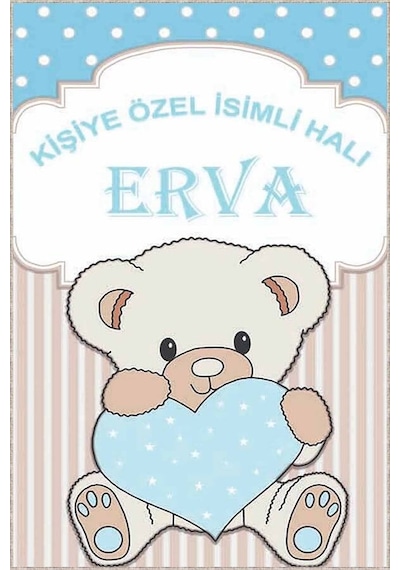 Mavi Kaymaz Tabanlı Bebek Halısı Ayıcıklı İsimli Halı Kd02n11