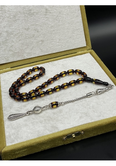Onurlu Tesbihane Çift Renk Beyrut Tesbih Sarı 7x11 Mm Kapsül Kesim Erkek Tesbihi Gümüş