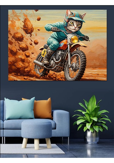 Ahşap Tablo Motosiklet Süren Kasklı Komik Kedi