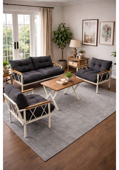 Ard & Garden Miray Krem 211 Masalı Antrasit Fermuarlı Düğmeli Bahçe Oturma Grubu Balkon Oturma Takımı Salon Teras Antrasit