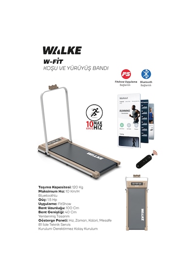 Walke W-fit Brown Bluetoothlu Uygulamalı Uzaktan Kumandalı Koşu Bandı Yürüyüş Bandı Kahverengi