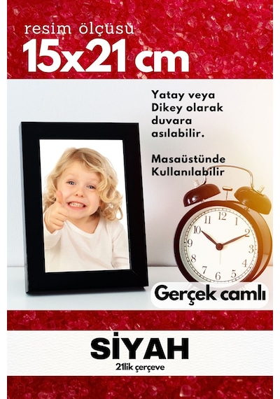 Gerçek Camlı 21lik Düz 15 X 21 Siyah Fotoğraf Resim Çerçevesi Ayaklı Arkalık Veya Duvara Asma