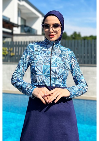 Yarım Fermuarlı Likralı Tam Kapalı Mayo R4506 Üçgen Lacivert