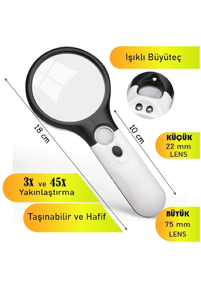 Işıklı Büyüteç El Tipi Lup 3x/45x Yakınlaştırma 75 Mm