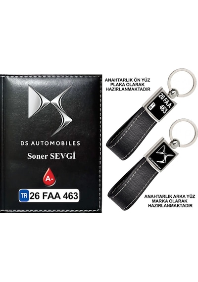 Plakanıza Özel Ds Automobiles Logolu Siyah Ruhsat Kabı Ve Anahtarlık