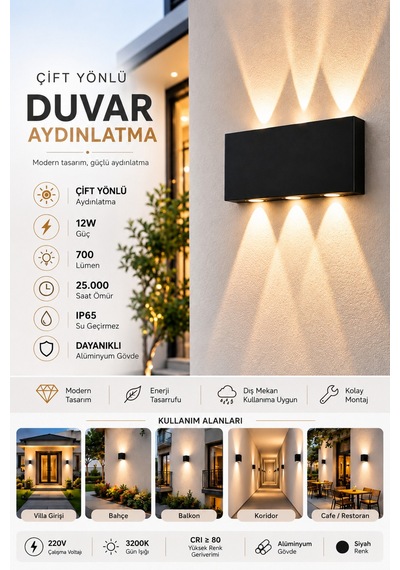 Gün Işığı Led Aplik Kare Aydınlatma Çift Taraflı Led Dekoratif Duvar Aplik Siyah