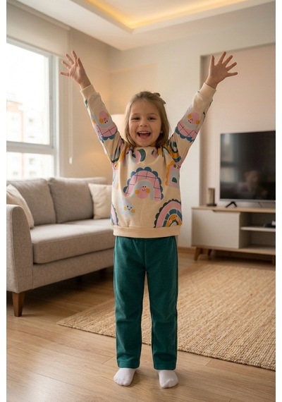 Ahengim Kız Çocuk Gökkuşağı Desenli Sweatshirt 2 Li Alt Üst Takım Ak15636 Yeşil