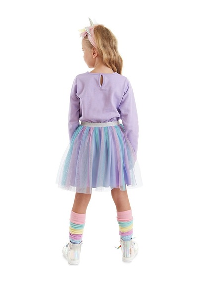 Denokids Gökkuşağı Kedicorn Kız Çocuk Tüllü Tütü Elbise Lila