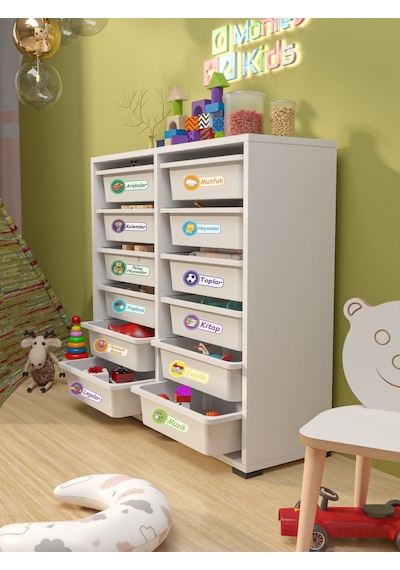 Berra 12 Sepet Stickerlı Çok Amaçlı Dolap Oyuncak Dolabı Beyaz Beyaz