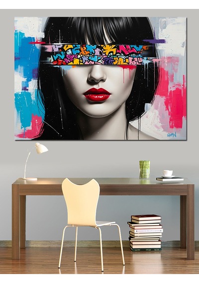 Pop Art Göz Bantlı Kırmızı Rujlu Siyah Beyaz Kadın Yüzü Dekoratif Kanvas - Mdf Ahşap Tablo
