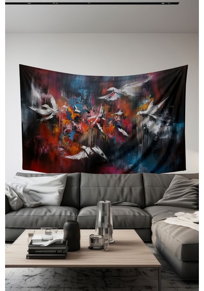 Kuşların Dansı Desenli Duvar Halısı Duvar Örtüsü Tapestry Süet Dokulu Kumaş