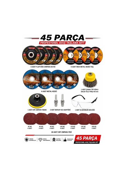 İrişka 45 Parça Profesyonel Avuç Taşlama Seti 115 Mm