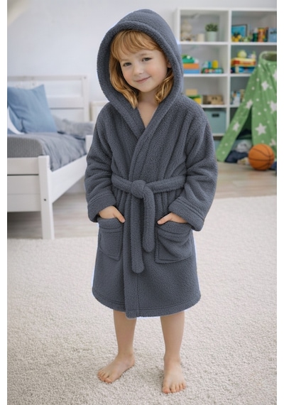 Luna Soft Kız / Erkek Çocuk Kapşonlu Pamuklu Bornoz Peluş Sabahlık 7/8 Yaş Koyu Gri