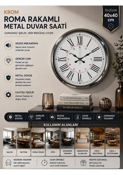 Almira Duvar Saati Silver Elegance 40 Cm Krom Metal Duvar Saati