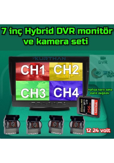 4 Adet Şapkalı Metal Kasa Ledli Kamera 7 İnç Hybrid 256 Gb Destekli Dvr Monitör - 12 24 Volt