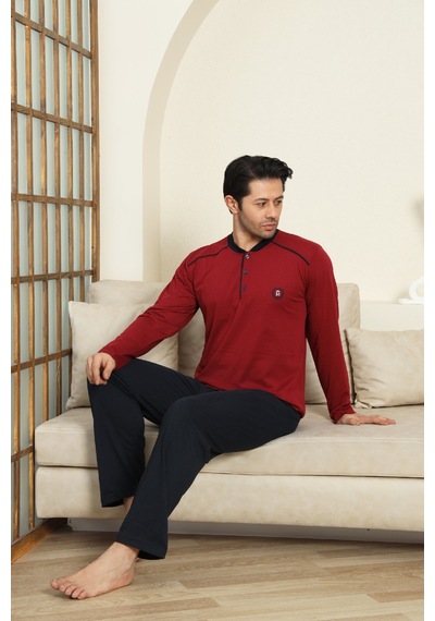 Enisena Erkek %100 Pamuklu Pijama Takımı-3 Düğmeli-12440 Bordo