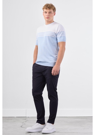 Dufy A.mavi Çizgili Yatay Desen Erkek Triko - Slim Fit Mavi