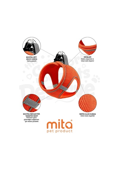 Mita Air Mesh Kedi Köpek Göğüs Tasması Çift Reflektörlü, Terletmeyen Neon Turuncu
