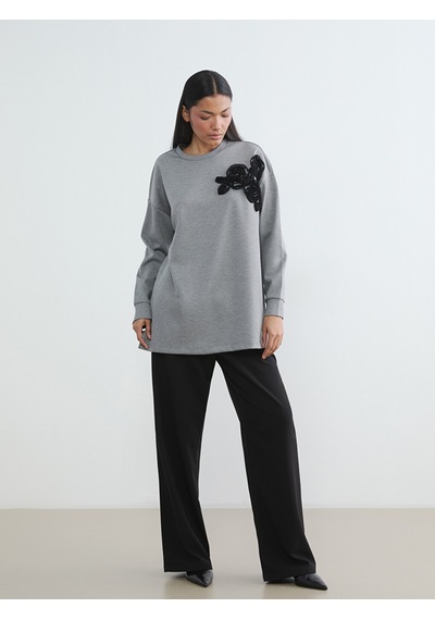 Lcwaıkıkı Classic Antrasit Çiçek Aplikeli Oversize Kadın Sweatshirt Tunik