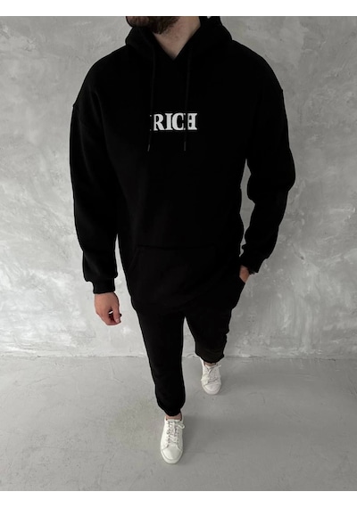 Modi Uzun Kol Kapşonlu Göğüs Baskılı Sweatshirt - Siyah Açık Siyah