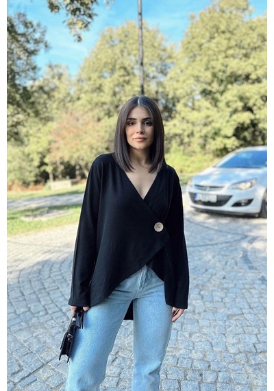 WeShaya Kadın Siyah Asimetrik Kesim, Düğmeli, Salaş Hırka Bluz Siyah