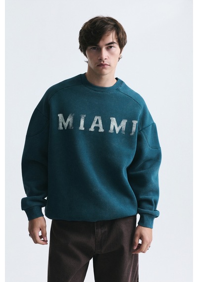 Vamos Miami Baskılı Bisiklet Yaka Sweatshirt Nefti Yeşil