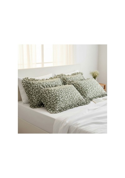 Fırfırlı Yastık Kılıfı 2 Li Set Tek Kişilik %100 Organik Pamuk 50x70 Cm 8 Farklı Desen Seçenekli Yeşil Beyaz Çiçekler