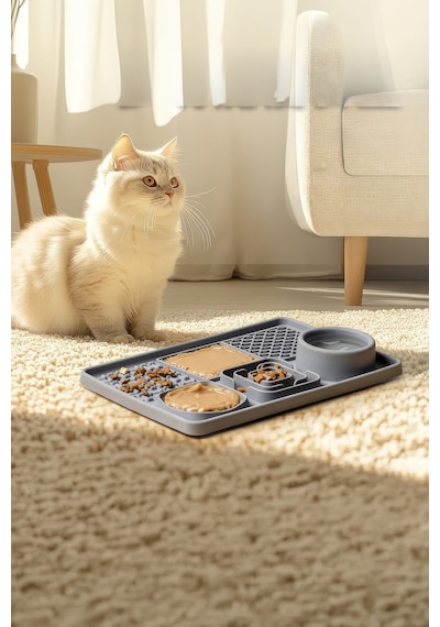 Silikon Gri Kaymaz Yavaş Yeme Kedi Köpek Mama Ezmesi Yalama Matı Su Kabı Mt289gr