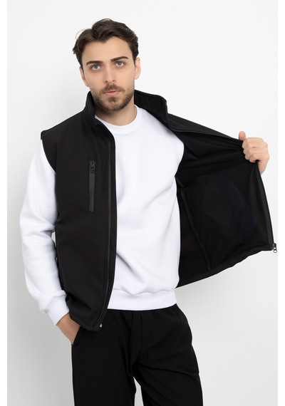 Dasüniforma Softshell İçi Polarlı Su Geçirmez Standart Fit Yelek Rüzgar Geçirmez Tam Fermuar Kışlık Unisex Siyah