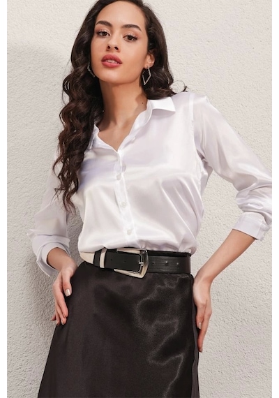 Defymoda 3964 Hafif Dökümlü Saten Gömlek - Beyaz Beyaz