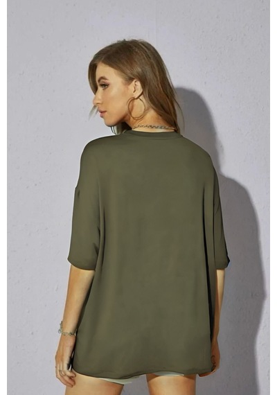 Flood Of Style Kadın Oversize Dökümlü Tok Kumaş Tişört Haki