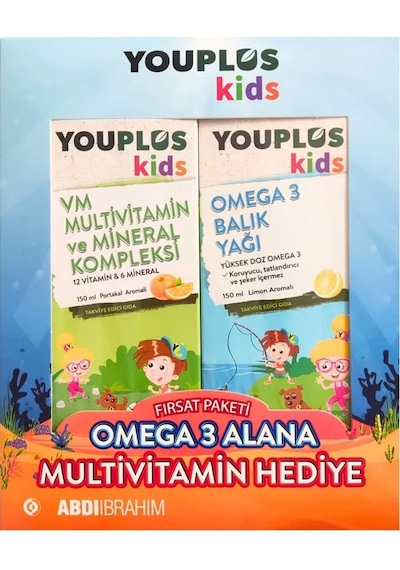 Youplus Kids Omega 3 Balık Yağı 150 Ml + Kids Vm 150 Ml - Omega 3 Alana Multivitamin Hediye Etiketli