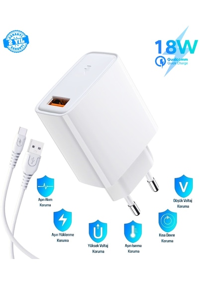Mipo M25 Uyumlu 18w 3.4a Type-c Ultra Hızlı Şarj Cihazı Seti - İthalatçı Garantili Beyaz
