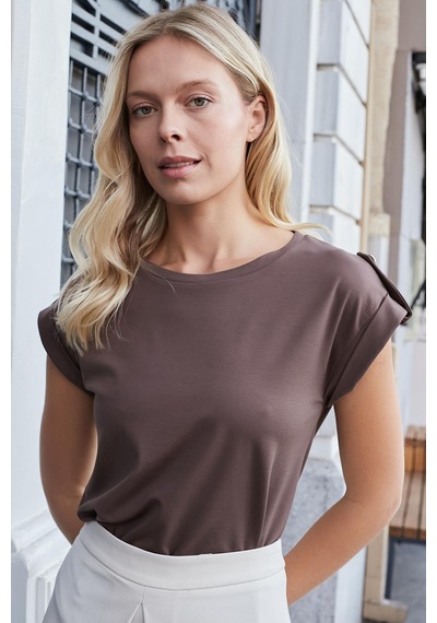 Jument Kadın Kaliteli Likrasız Span Kumaş Geniş Sıfır Yaka Duble Kollu Apoletli Düğmeli T-shirt Bluz-kahve Kahve